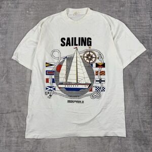 Vintage Sailing Shirt Mens XL White Hedonism 2 Negil Nautical Puff Print Stitch